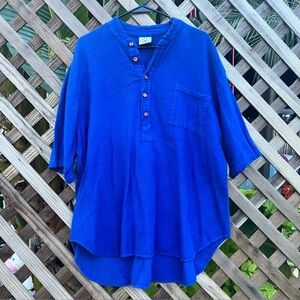 Aries & Taurus Drawstrings 90s teal blue relaxed fit henley short sleeve shirt L
